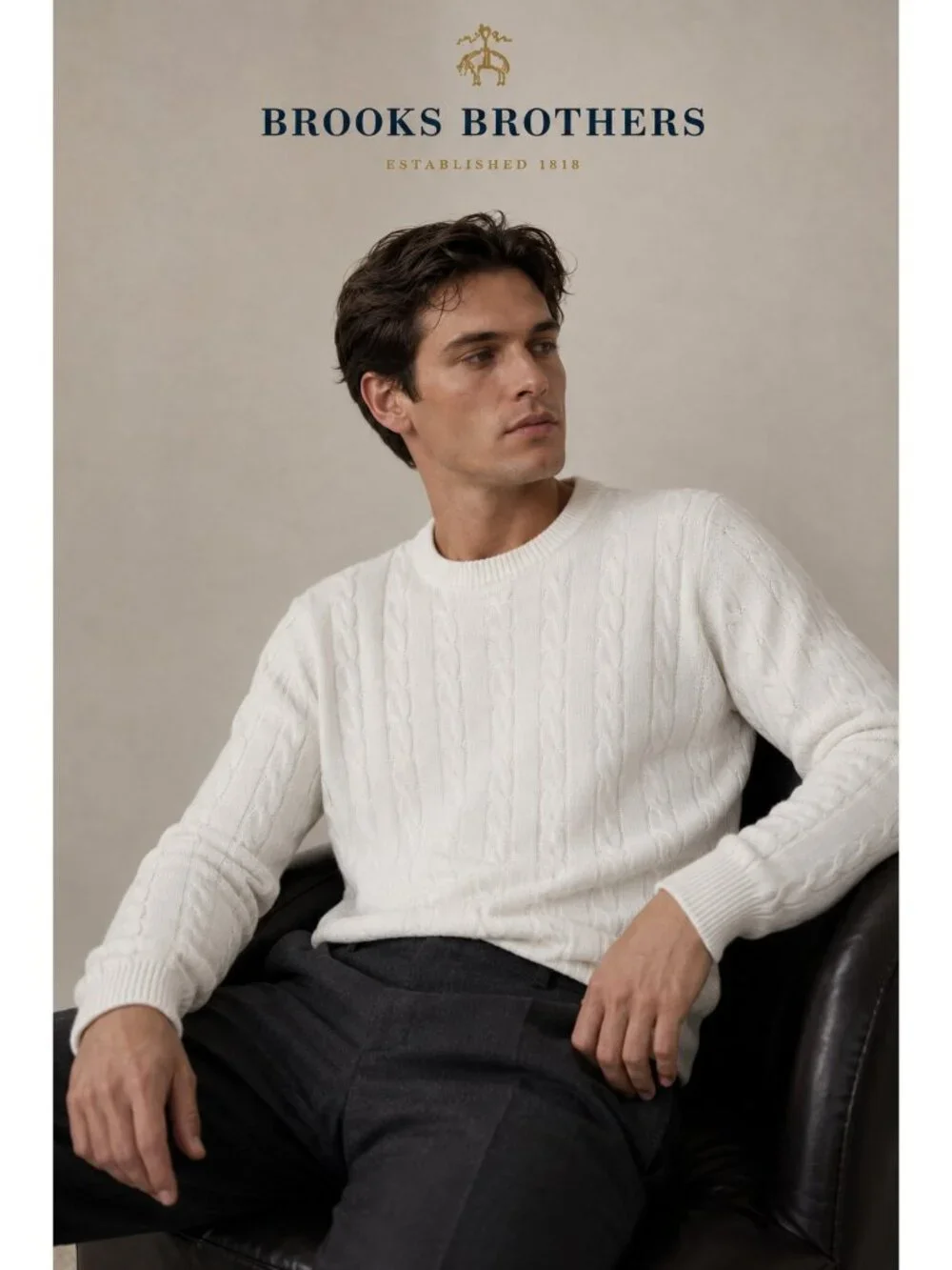 Brooks Brothers Men’s White 100% Cotton Cable Knit Crewneck Sweater Size L